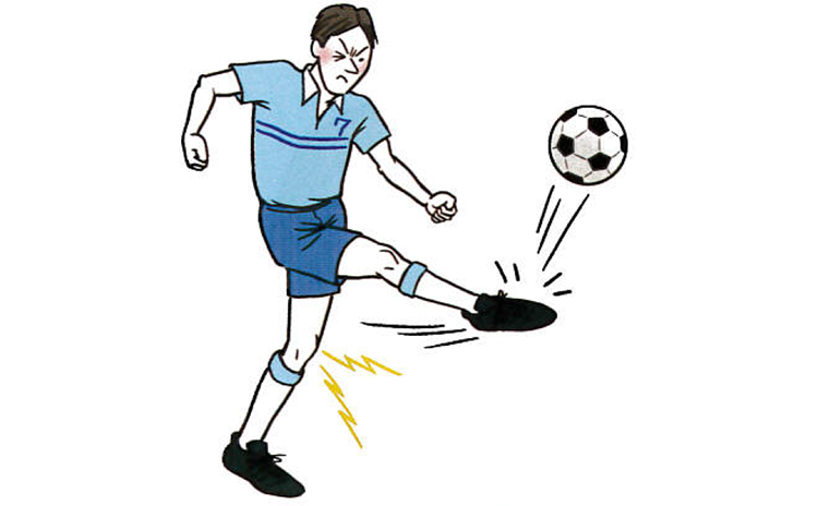 サッカーボールを蹴って膝をひねった男性のイラスト
