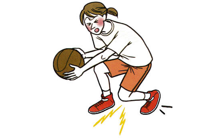 バスケットボールを持って立ち上がろうとして膝を痛めた女性のイラスト