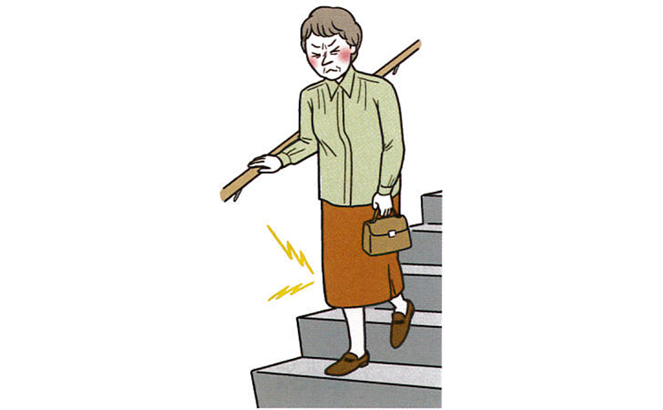 階段を下りる時に膝を痛めた女性のイラスト